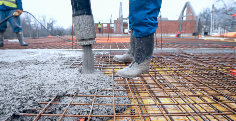 Concrete being poured via a hose on to surface with rebar