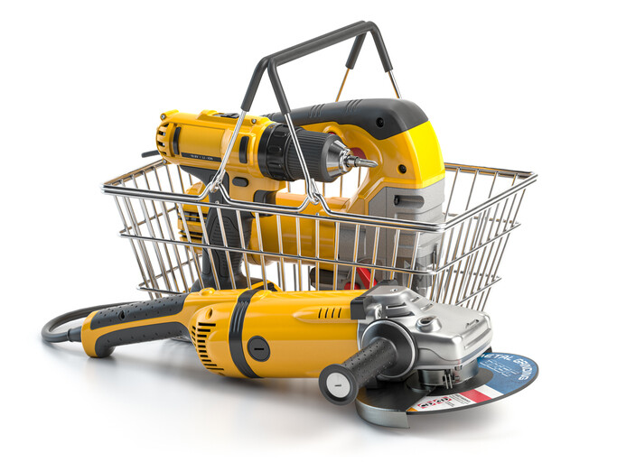 Power tools in a wire shopping basket