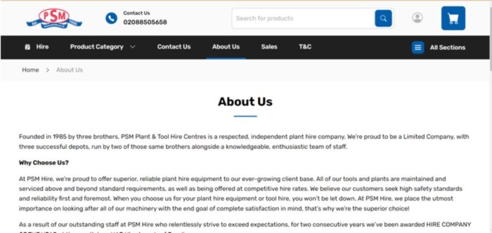 Sampl of about page for tool hire company