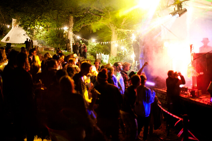 small gathering of people at an evening garden party in front of a stage